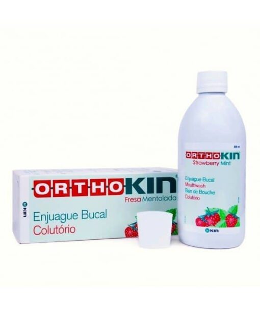 Comprar Ortho Kin Fresa Mentolada Enjuague Bucal 500 ml es un colutorio indicado especialmente para la higiene diaria tras el cepillado en personas con ortodoncia.